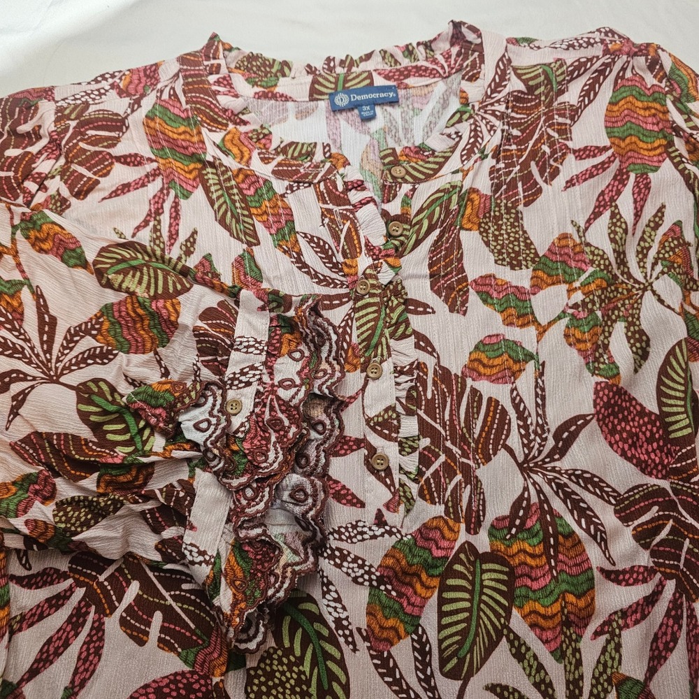 Democracy 3X Rayon Tropical Leaf Ruffle Embroidered 1/2 Button Up Shirt NWT 1185